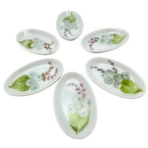 Hand Painted Porcelain Salt Cellar Butter Pats Vintage Set Of 6 Floral Design